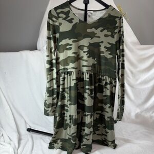 Love, Fire Camo Print Tiered Babydoll Dress L/S Swing Tunic Large 90s Grunge